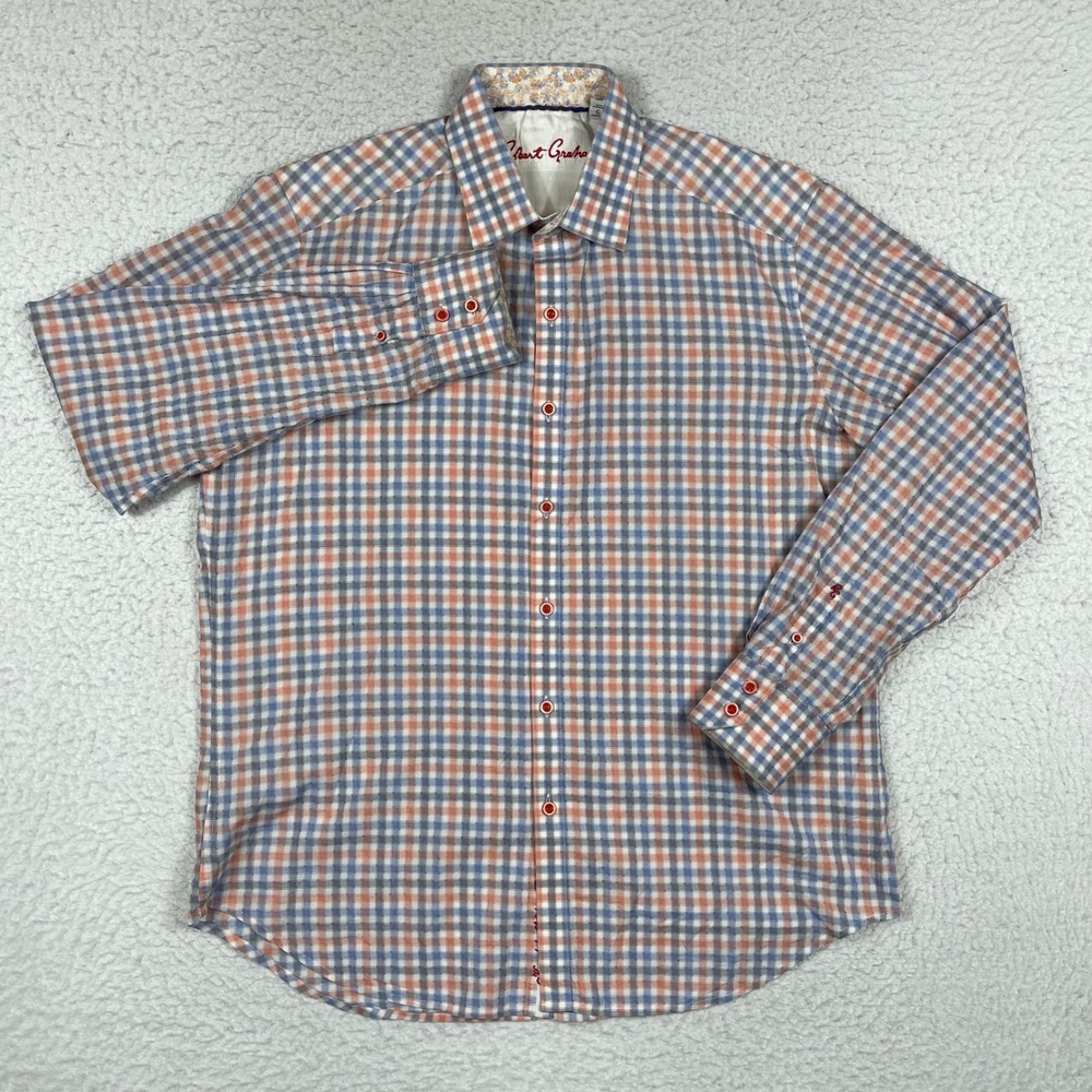 Robert Graham Button Down Shirt Mens L Blue Orange Plaid Classic Fit Long Sleeve